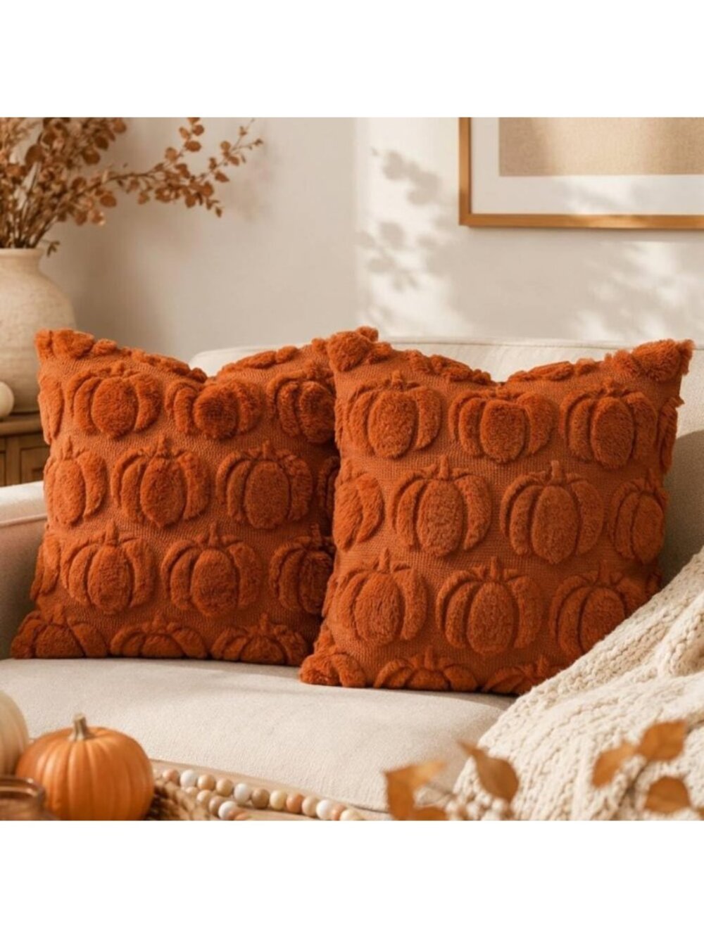 Cozy Fall Pumpkin Plush Pillow Covers Set of 2 | 18x18 Inch Decorative Cushions